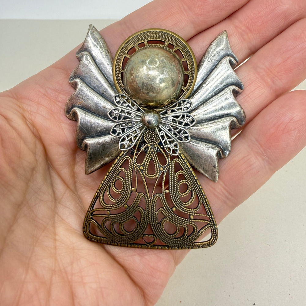 Artisan Angel Brooch Pin Mixed‎ Metal Silver Tone Filigree Wings Big Bold